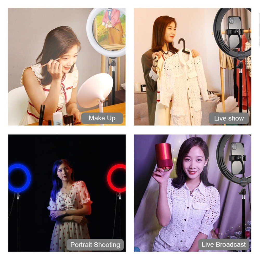 PULUZ 10.2 inch 26cm Marquee LED RGBWW Selfie Beauty Light + 1.1m Tripod Mount 168 LED Dual - color Temperature Dimmable Ring Vlogging Photography Video Lights with Cold Shoe Tripod Ball Head & Remote Control & Phone Clamp, 10 inch RGBWW + 1.1m Mount - laboratorydeal
