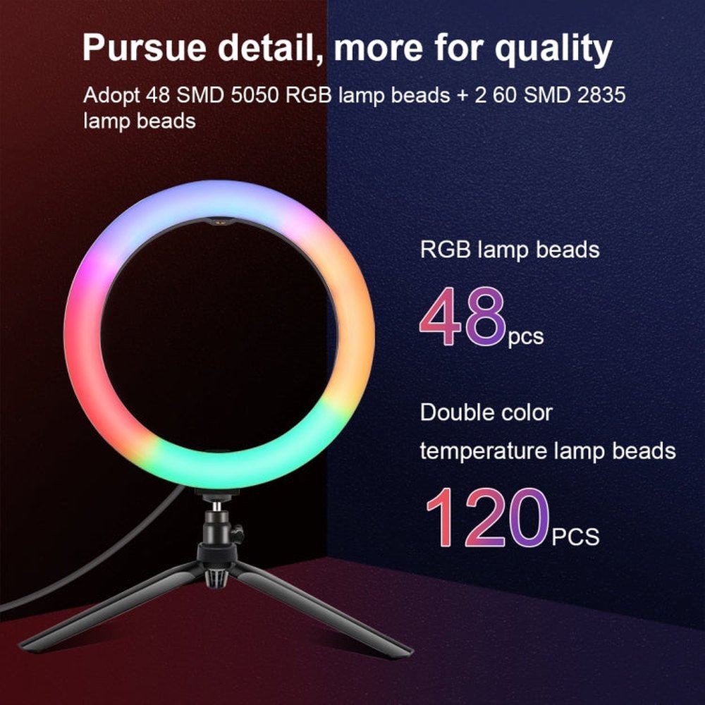 PULUZ 10.2 inch 26cm Marquee LED RGBWW Selfie Beauty Light + Desktop Tripod Mount 168 LED Dual - color Temperature Dimmable Ring Vlogging Photography Video Lights with Cold Shoe Tripod Ball Head & Remote Control & Phone Clamp, 10.2 inch RGBWW+Desktop Mount - laboratorydeal