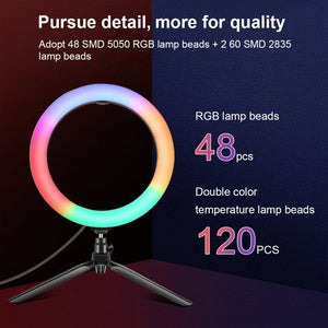 PULUZ 10.2 inch 26cm Marquee LED RGBWW Selfie Beauty Light + Desktop Tripod Mount 168 LED Dual - color Temperature Dimmable Ring Vlogging Photography Video Lights with Cold Shoe Tripod Ball Head & Remote Control & Phone Clamp, 10.2 inch RGBWW+Desktop Mount - laboratorydeal