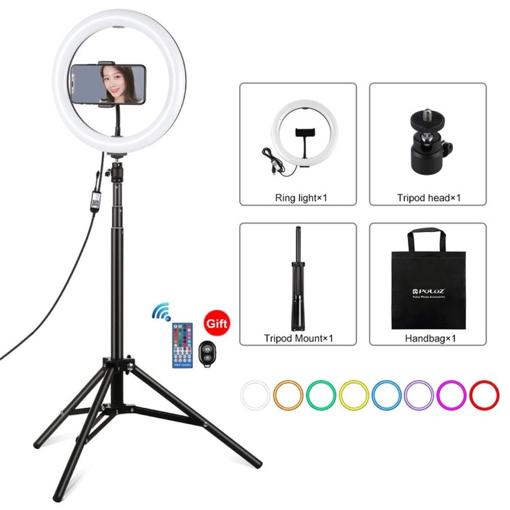 PULUZ 10.2 inch 26cm RGBW Light + 1.65m Tripod Mount Curved Surface USB RGBW Dimmable LED Ring Vlogging Video Light Live Broadcast Kits with Cold Shoe Tripod Ball Head & Phone Clamp & Remote Control, 10.2 inch RGBW+1.65m Tripod - laboratorydeal