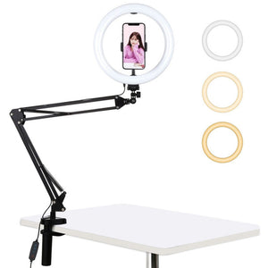 PULUZ 10.2 inch 26cm Ring Curved Light + Desktop Arm Stand USB 3 Modes Dimmable Dual Color Temperature LED Vlogging Selfie Photography Video Lights with Phone Clamp, 10.2 inch+Arm Stand - laboratorydeal