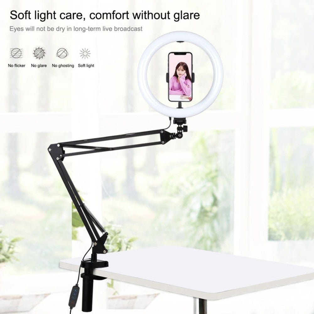 PULUZ 10.2 inch 26cm Ring Curved Light + Desktop Arm Stand USB 3 Modes Dimmable Dual Color Temperature LED Vlogging Selfie Photography Video Lights with Phone Clamp, 10.2 inch+Arm Stand - laboratorydeal