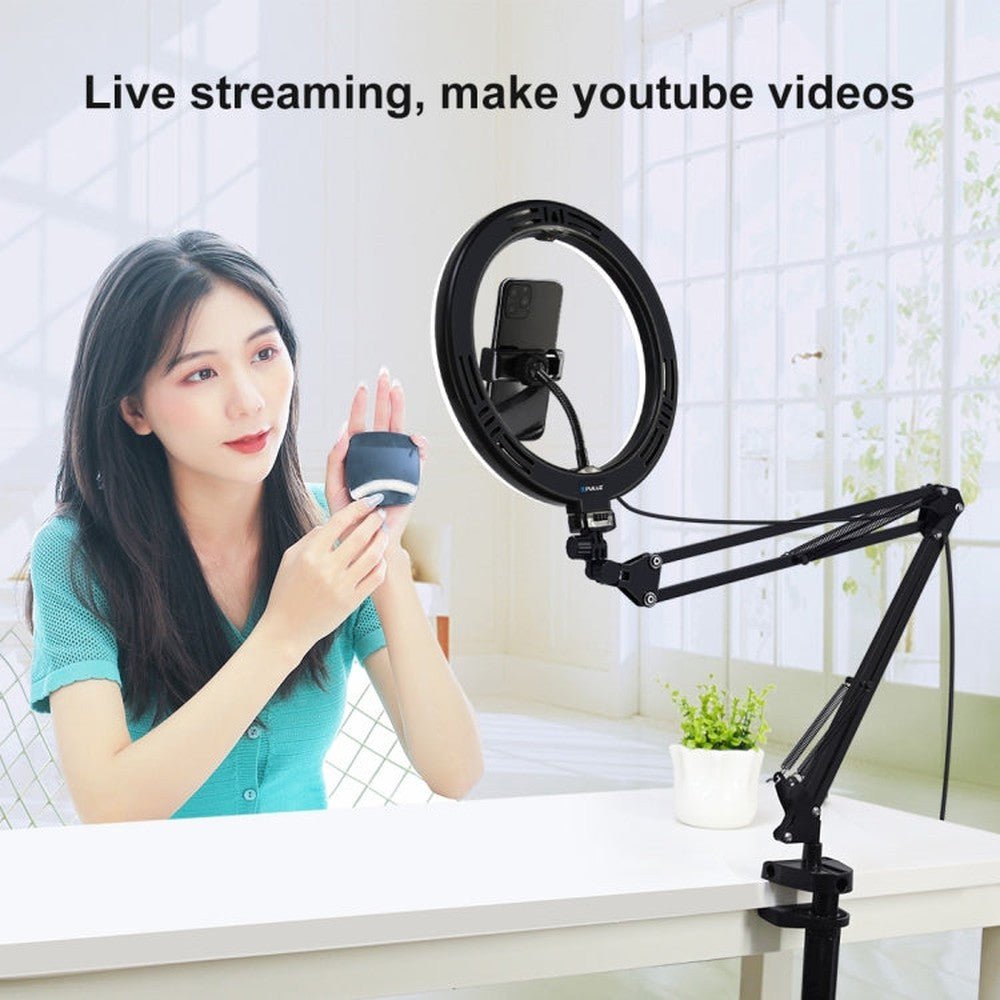 PULUZ 10.2 inch 26cm Ring Curved Light + Desktop Arm Stand USB 3 Modes Dimmable Dual Color Temperature LED Vlogging Selfie Photography Video Lights with Phone Clamp, 10.2 inch+Arm Stand - laboratorydeal