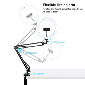 PULUZ 10.2 inch 26cm Ring Curved Light + Desktop Arm Stand USB 3 Modes Dimmable Dual Color Temperature LED Vlogging Selfie Photography Video Lights with Phone Clamp, 10.2 inch+Arm Stand - laboratorydeal