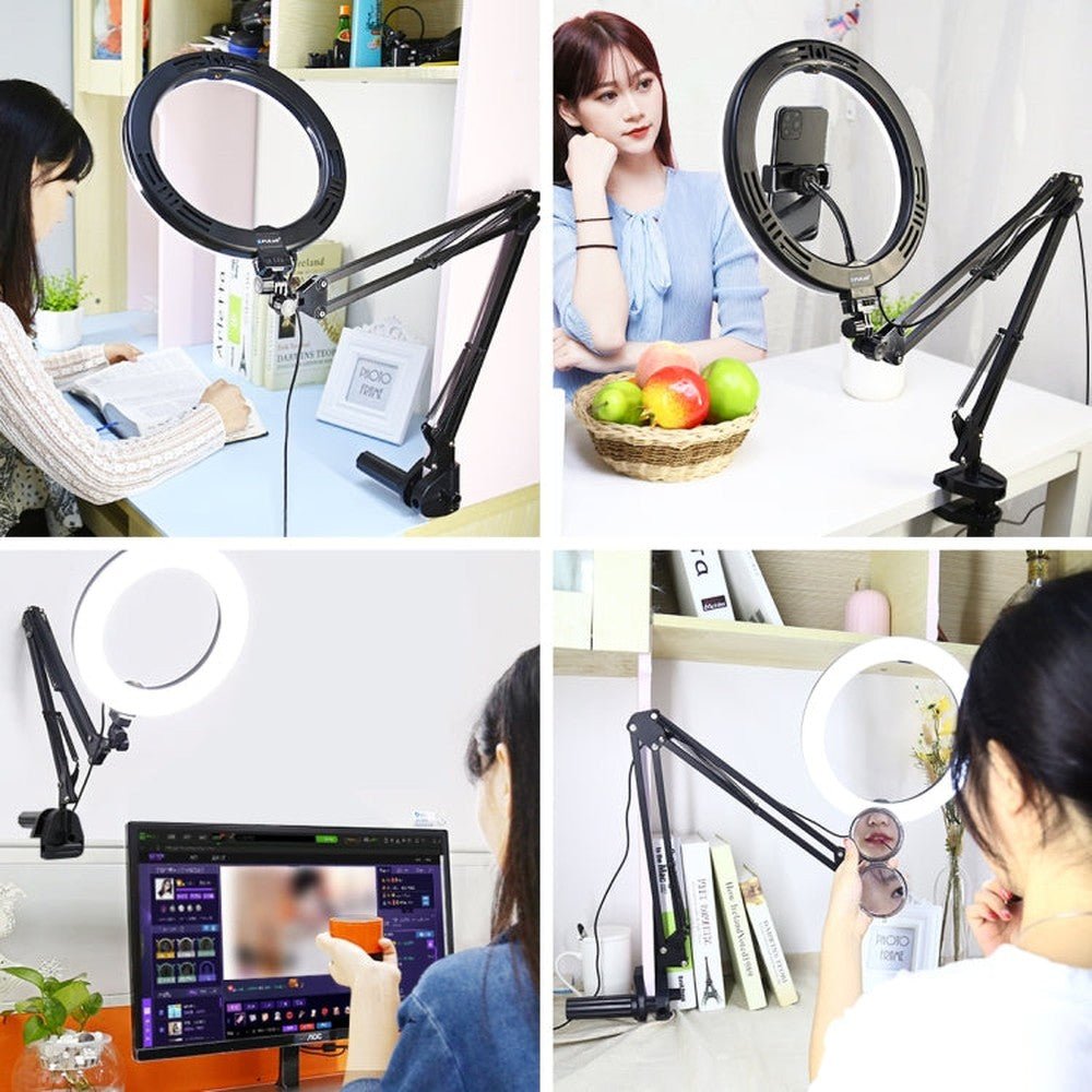 PULUZ 10.2 inch 26cm Ring Curved Light + Desktop Arm Stand USB 3 Modes Dimmable Dual Color Temperature LED Vlogging Selfie Photography Video Lights with Phone Clamp, 10.2 inch+Arm Stand - laboratorydeal