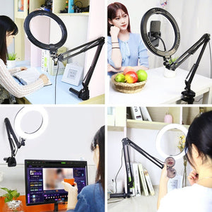 PULUZ 10.2 inch 26cm Ring Curved Light + Desktop Arm Stand USB 3 Modes Dimmable Dual Color Temperature LED Vlogging Selfie Photography Video Lights with Phone Clamp, 10.2 inch+Arm Stand - laboratorydeal