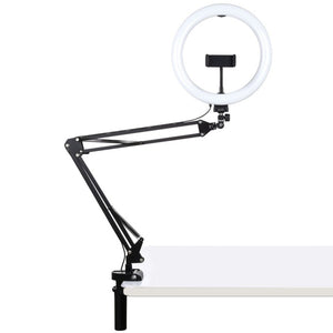 PULUZ 10.2 inch 26cm Ring Curved Light + Desktop Arm Stand USB 3 Modes Dimmable Dual Color Temperature LED Vlogging Selfie Photography Video Lights with Phone Clamp, 10.2 inch+Arm Stand - laboratorydeal