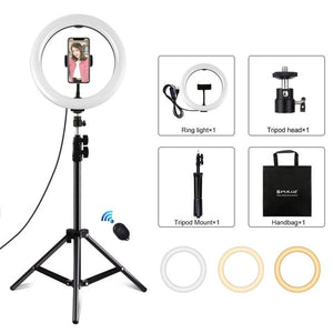 PULUZ 10.2 inch 26cm Ring Light + 1.1m Tripod Mount USB 3 Modes Dimmable Dual Color Temperature LED Curved Diffuse Light Vlogging Selfie Photography Video Lights with Phone Clamp & Selfie Remote Control, 10.2 inch+1.1m Tripod - laboratorydeal