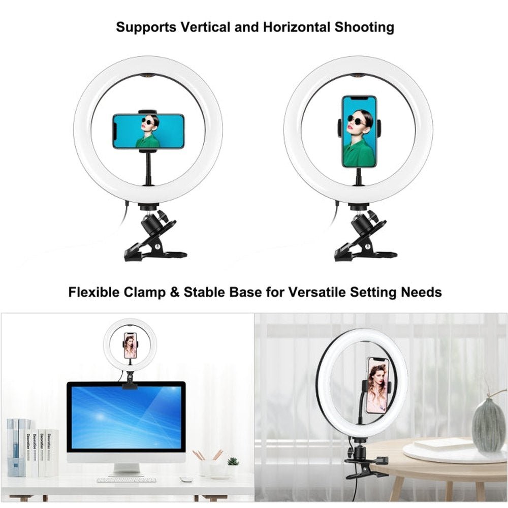 PULUZ 10.2 inch 26cm Ring Light + Monitor Clip USB 3 Modes Dimmable Dual Color Temperature LED Curved Diffuse Vlogging Selfie Beauty Photography Video Lights with Phone Clamp, 10.2 inch+Clip - laboratorydeal