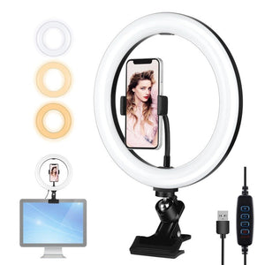 PULUZ 10.2 inch 26cm Ring Light + Monitor Clip USB 3 Modes Dimmable Dual Color Temperature LED Curved Diffuse Vlogging Selfie Beauty Photography Video Lights with Phone Clamp, 10.2 inch+Clip - laboratorydeal