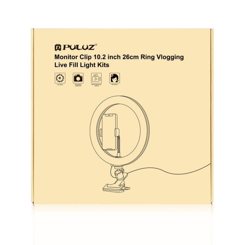 PULUZ 10.2 inch 26cm Ring Light + Monitor Clip USB 3 Modes Dimmable Dual Color Temperature LED Curved Diffuse Vlogging Selfie Beauty Photography Video Lights with Phone Clamp, 10.2 inch+Clip - laboratorydeal