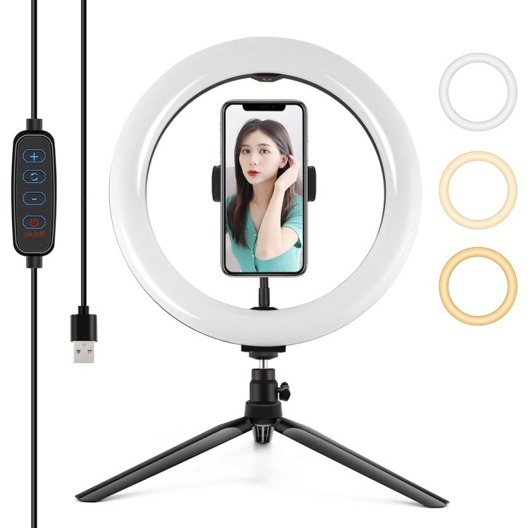 PULUZ 10.2 inch 26cm Selfie Beauty Light + Desktop Tripod Mount USB 3 Modes Dimmable LED Ring Vlogging Selfie Photography Video Lights with Cold Shoe Tripod Ball Head & Phone Clamp, Tripod Mount + 10.2 inch - laboratorydeal
