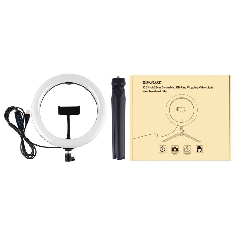 PULUZ 10.2 inch 26cm Selfie Beauty Light + Desktop Tripod Mount USB 3 Modes Dimmable LED Ring Vlogging Selfie Photography Video Lights with Cold Shoe Tripod Ball Head & Phone Clamp, Tripod Mount + 10.2 inch - laboratorydeal