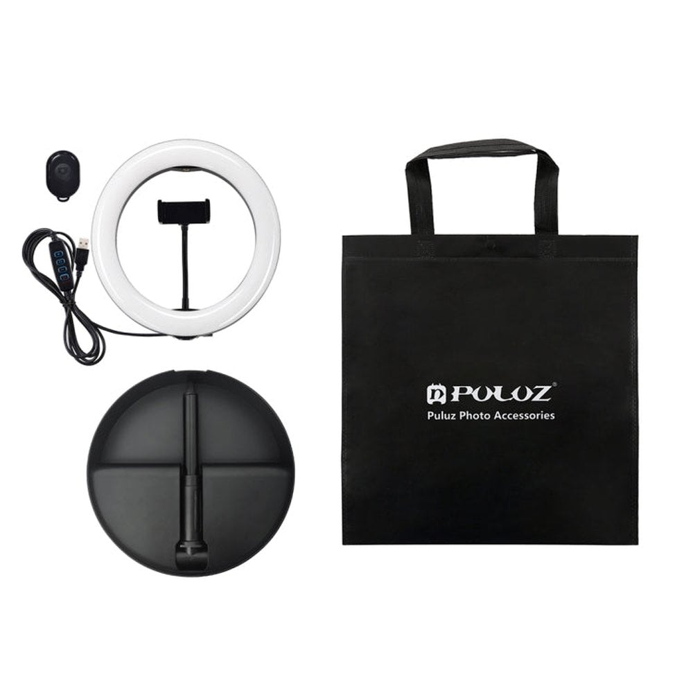 PULUZ 10.2 inch 26cm USB 3 Modes Dimmable Dual Color Temperature LED Curved Ring Vlogging Selfie Photography Video Lights with Bluetooth Remote Shutter & Folding Desktop Holder & Phone Clamp - laboratorydeal