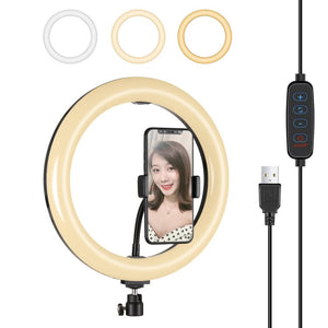 PULUZ 10.2 inch 26cm USB 3 Modes Dimmable LED Ring Vlogging Selfie Beauty Photography Video Lights with Tripod Ball Head & Phone Clamp, 10.2 inch - laboratorydeal