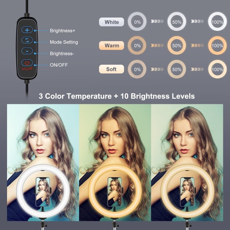 PULUZ 10.2 inch 26cm USB 3 Modes Dimmable LED Ring Vlogging Selfie Beauty Photography Video Lights with Tripod Ball Head & Phone Clamp, 10.2 inch - laboratorydeal