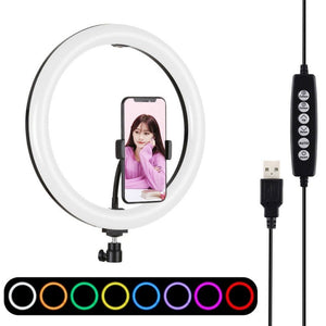 PULUZ 11.8 inch 30cm Curved Surface USB 10 Modes 8 Colors RGBW Dimmable LED Ring Vlogging Photography Video Lights with Tripod Ball Head & Phone Clamp, 11.8 inch Button Control - laboratorydeal