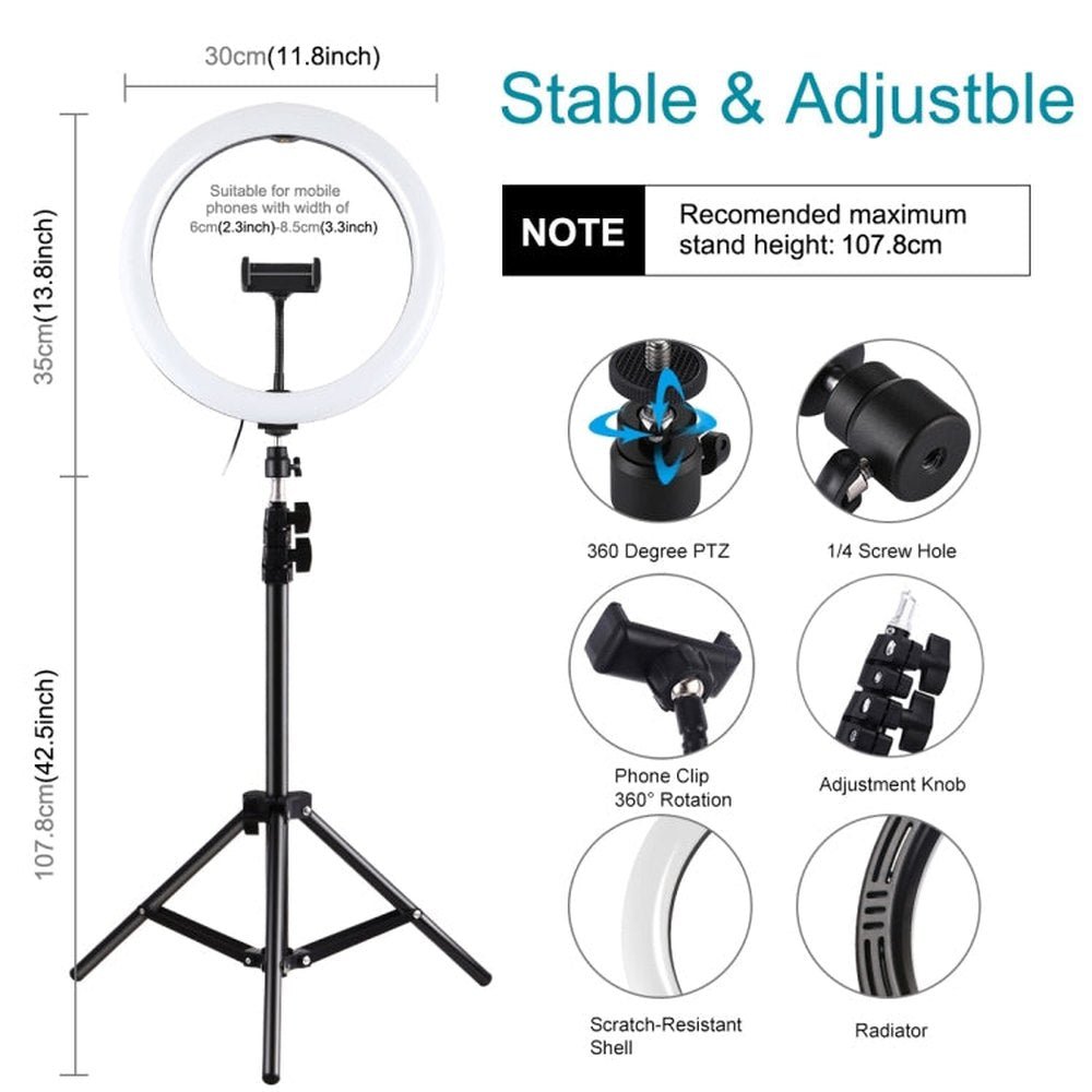 PULUZ 11.8 inch 30cm Light + 1.1m Tripod Mount Curved Surface RGBW Dimmable LED Ring Vlogging Photography Video Lights Live Broadcast Kits with Tripod Ball Head & Phone Clamp, 11.8 inch + 1.1m Tripod - laboratorydeal