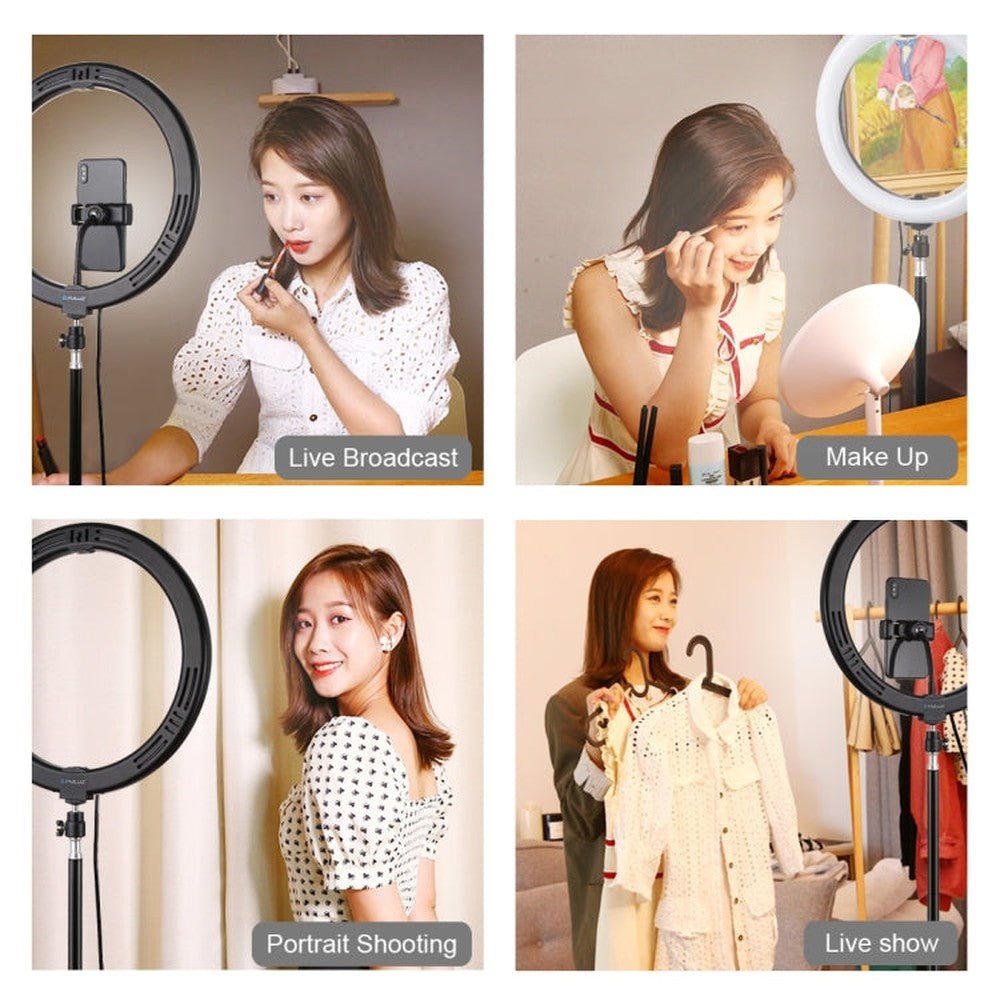 PULUZ 11.8 inch 30cm Light + 1.1m Tripod Mount Curved Surface USB 3 Modes Dimmable Dual Color Temperature LED Ring Vlogging Video Light Live Broadcast Kits with Phone Clamp, 11.8 inch+1.1m Tripod - laboratorydeal