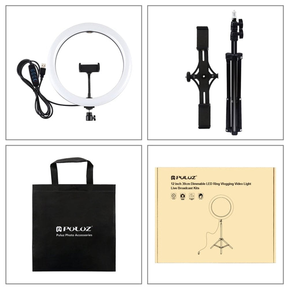 PULUZ 11.8 inch 30cm Light + 1.1m Tripod Mount + Dual Phone Brackets Curved Surface USB 3 Modes Dimmable Dual Color Temperature LED Ring Vlogging Video Light Live Broadcast Kits with Phone Clamp, 11.8 inch+1.1m Tripod+Dual Bracket - laboratorydeal