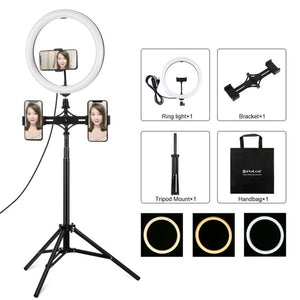 PULUZ 11.8 inch 30cm Light + 1.65m Tripod + Dual Phone Bracket Curved Surface USB 3 Modes Dimmable Dual Color Temperature LED Ring Vlogging Video Light Live Broadcast Kits with Phone Clamp, 11.8 inch+1.65m Tripod+Dual Bracket - laboratorydeal