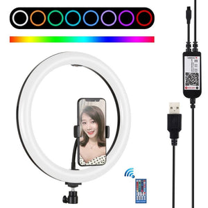 PULUZ 11.8 inch 30cm RGB Dimmable LED Dual Color Temperature LED Curved Diffuse Light Ring Vlogging Selfie Photography Video Lights with Tripod Ball Head & Phone Clamp & Remote Control, 11.8 inch RGBW - laboratorydeal