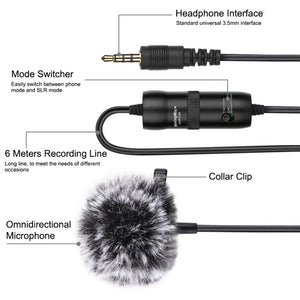 PULUZ 3.5mm Jack Lavalier Omnidirectional Condenser Recording Video Microphone, Length: 6m, Lavalier Microphone - laboratorydeal