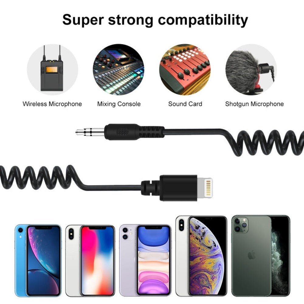 PULUZ 3.5mm TRRS Male to 8 Pin Male Live Microphone Audio Adapter Spring Coiled Cable for iPhone, Cable Stretching to 100cm, 3.5mm Male to 8 Pin - laboratorydeal