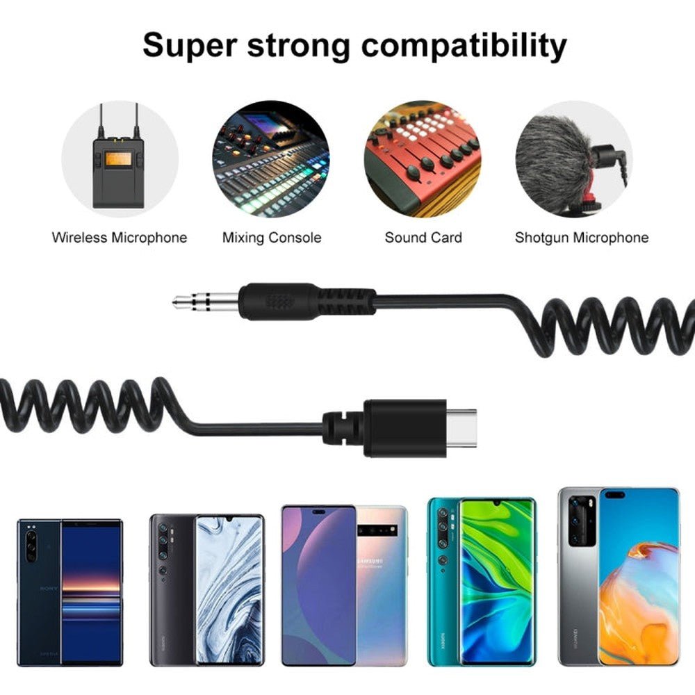 PULUZ 3.5mm TRRS Male to Type - C / USB - C Male Live Microphone Audio Adapter Spring Coiled Cable for Samsung, Huawei and Smartphones, Cable Stretching to 100cm, 3.5mm Male to Type - C - laboratorydeal