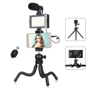 PULUZ 4 in 1 Vlogging Live Mini Octopus Bracket Kit + Studio Light + Microphone + Phone Clamp Kits, 4 in 1 Tripod - laboratorydeal