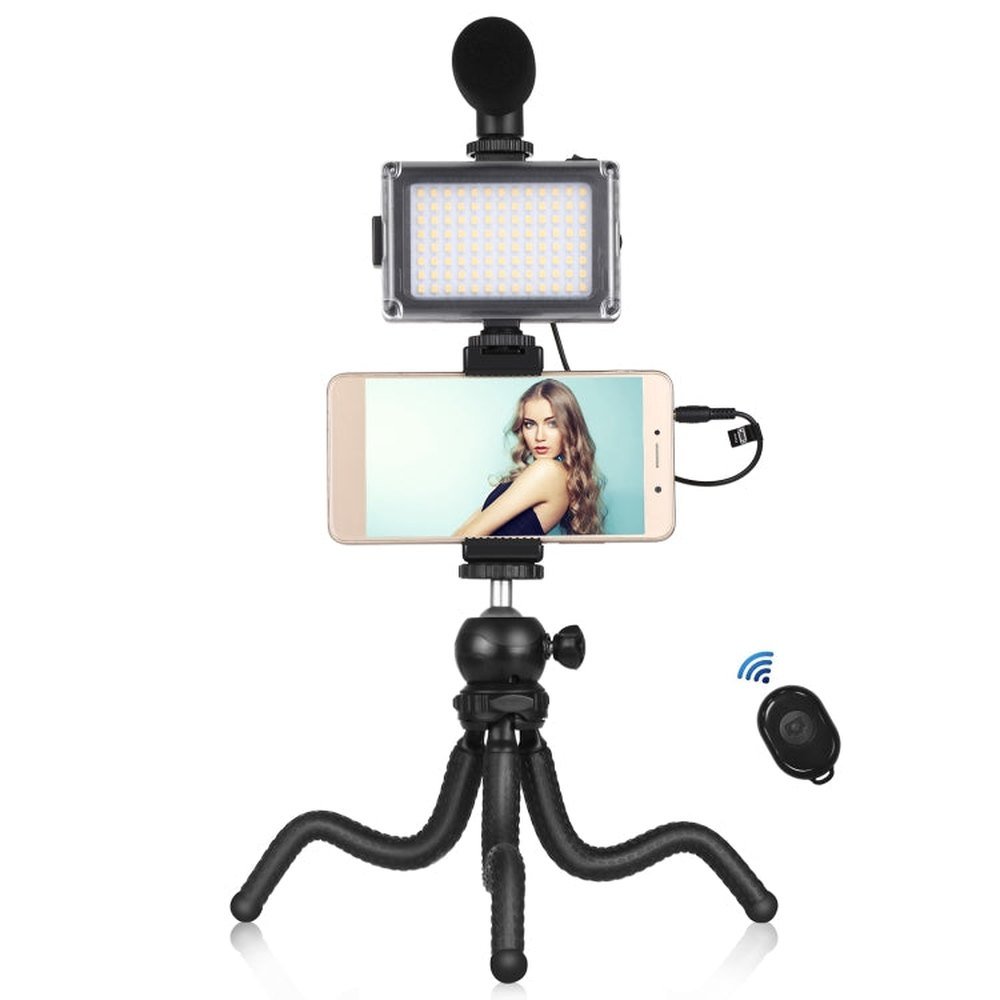 PULUZ 4 in 1 Vlogging Live Mini Octopus Bracket Kit + Studio Light + Microphone + Phone Clamp Kits, 4 in 1 Tripod - laboratorydeal
