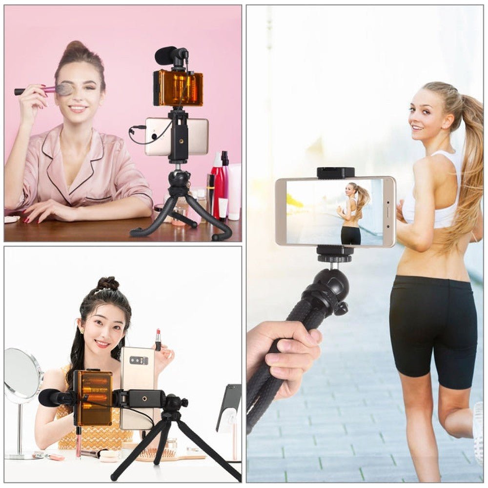 PULUZ 4 in 1 Vlogging Live Mini Octopus Bracket Kit + Studio Light + Microphone + Phone Clamp Kits, 4 in 1 Tripod - laboratorydeal