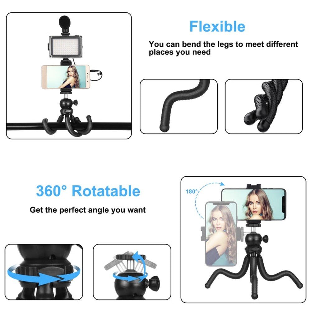 PULUZ 4 in 1 Vlogging Live Mini Octopus Bracket Kit + Studio Light + Microphone + Phone Clamp Kits, 4 in 1 Tripod - laboratorydeal