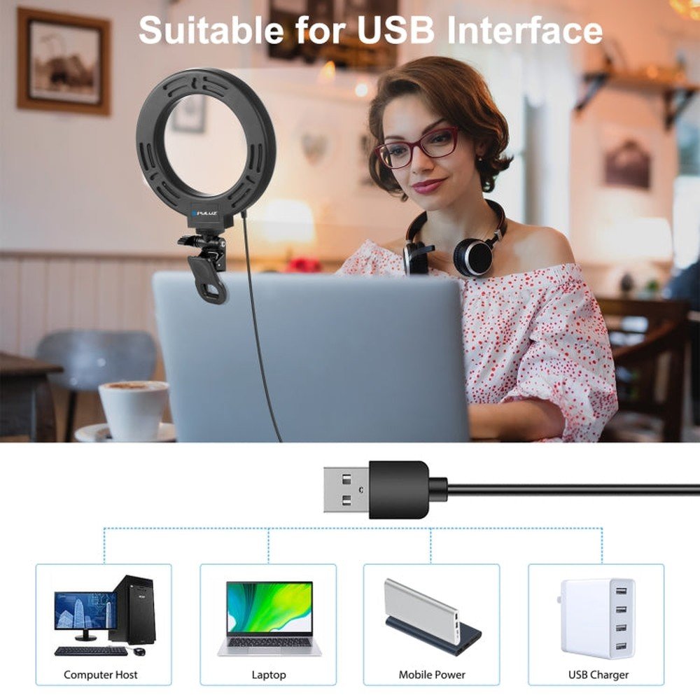 PULUZ 6.2 inch 16cm Ring Selfie Light 3 Modes USB Dimmable Dual Color Temperature LED Curved Vlogging Photography Video Lights with Monitor Clip Holder, 6.2 inch Light+Clip - laboratorydeal