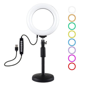 PULUZ 6.2 inch 16cm USB 10 Modes 8 Colors RGBW Dimmable LED Ring Vlogging Photography Video Lights + Round Base Desktop Mount with Cold Shoe Tripod Ball Head, 6.2 inch RGBW+Desktop Mount - laboratorydeal