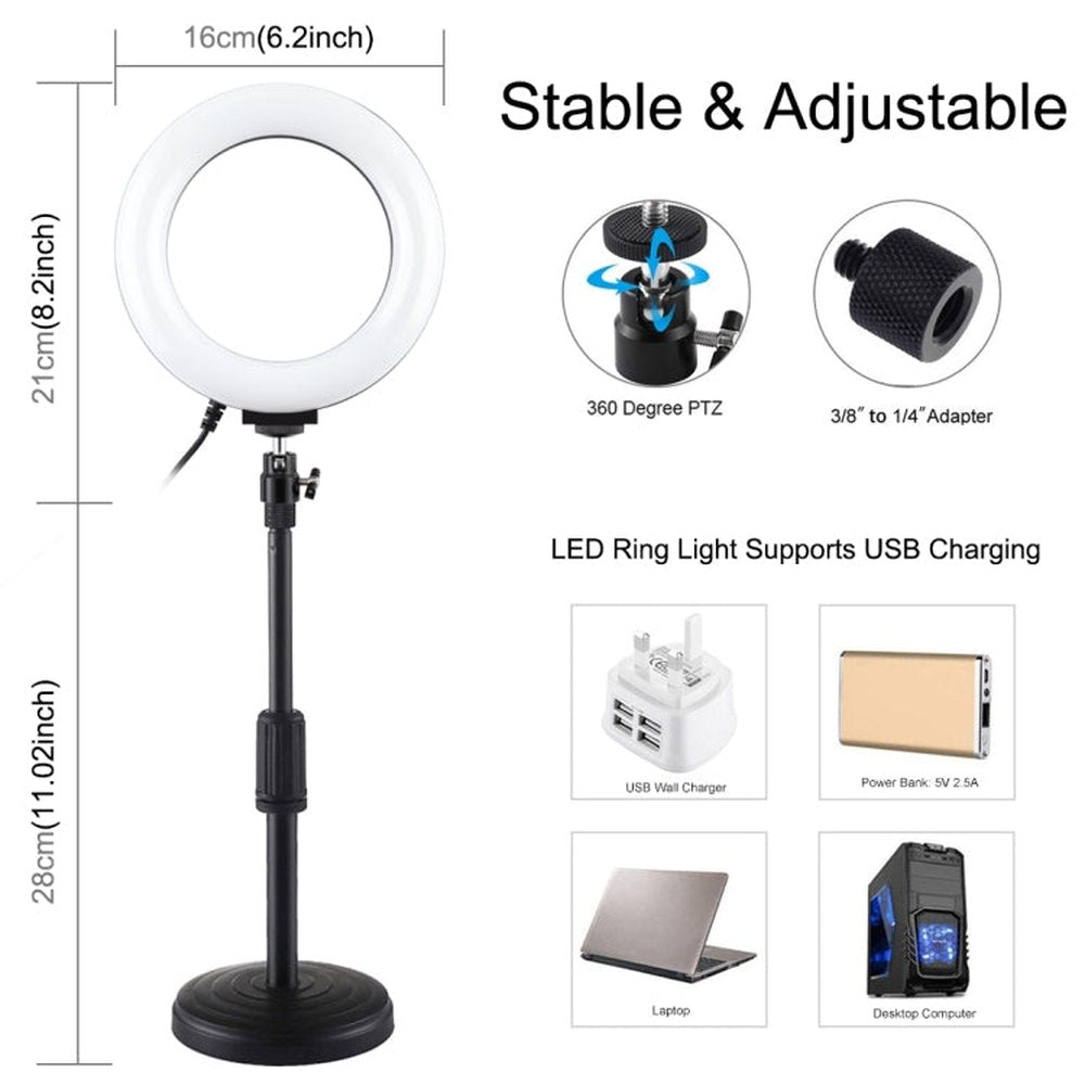 PULUZ 6.2 inch 16cm USB 10 Modes 8 Colors RGBW Dimmable LED Ring Vlogging Photography Video Lights + Round Base Desktop Mount with Cold Shoe Tripod Ball Head, 6.2 inch RGBW+Desktop Mount - laboratorydeal