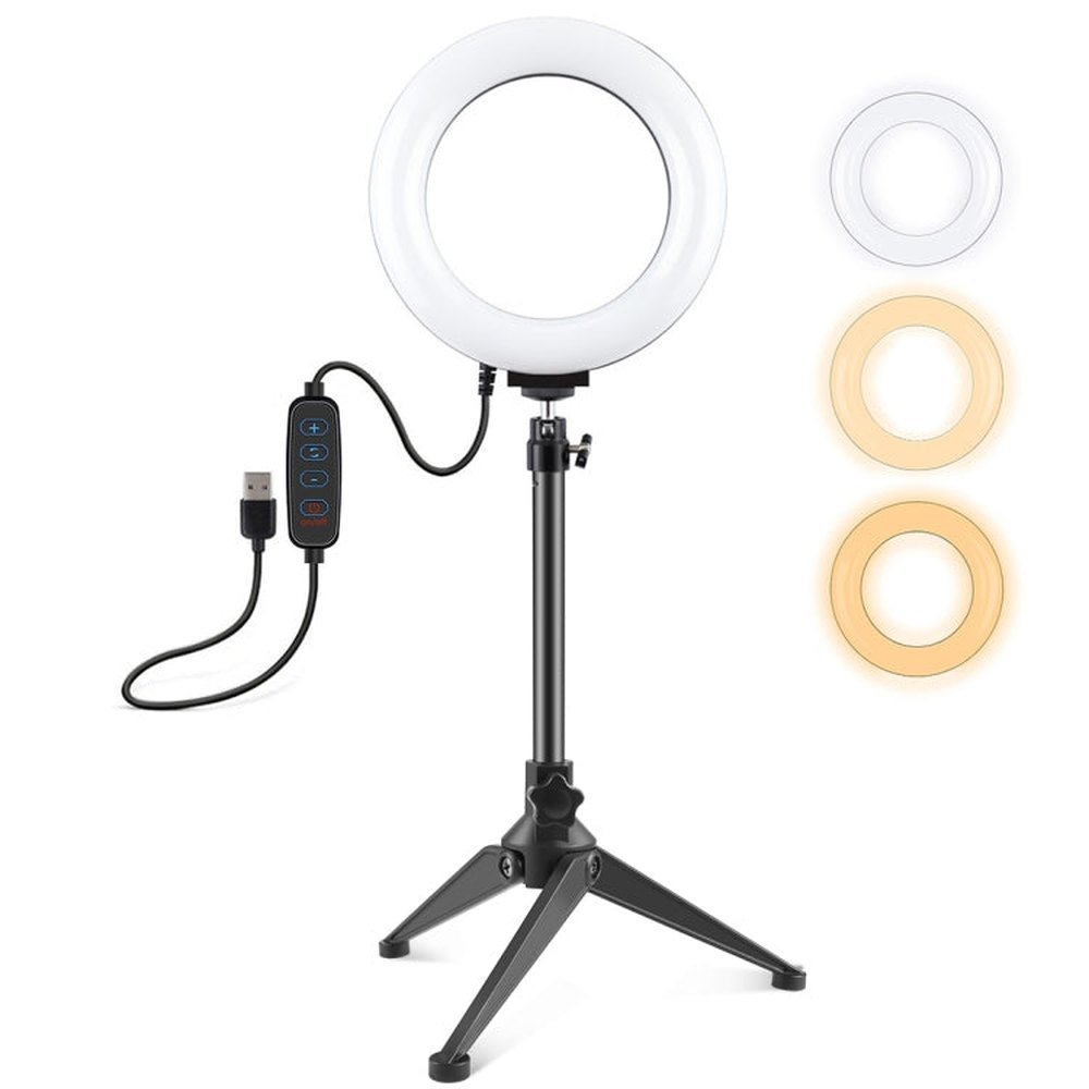PULUZ 6.2 inch 16cm USB 3 Modes Dimmable LED Ring Vlogging Photography Video Lights + Desktop Tripod Holder with Cold Shoe Tripod Ball Head, Tripod Mount+6.2 inch Light - laboratorydeal