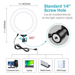 PULUZ 6.2 inch 16cm USB 3 Modes Dimmable LED Ring Vlogging Photography Video Lights with Tripod Ball Head, 6.2 inch - laboratorydeal