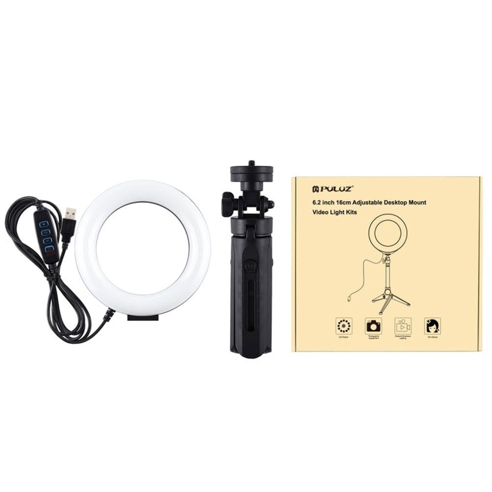 PULUZ 6.2 inch 16cm USB 3 Modes Dimmable LED Ring Vlogging Photography Video Lights + Pocket Tripod Mount Kit with Cold Shoe Tripod Ball Head, 6.2 inch Light+Pocket Tripod - laboratorydeal