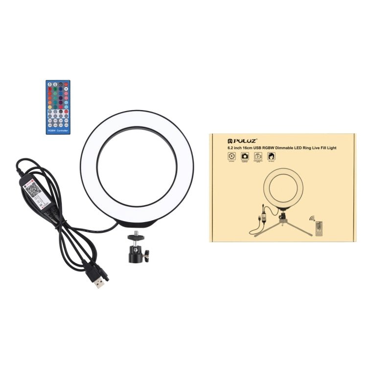 PULUZ 6.2 inch 16cm USB RGBW Dimmable LED Ring Vlogging Photography Video Lights with Cold Shoe Tripod Ball Head & Remote Control, 6.2 inch RGBW / Remote - laboratorydeal