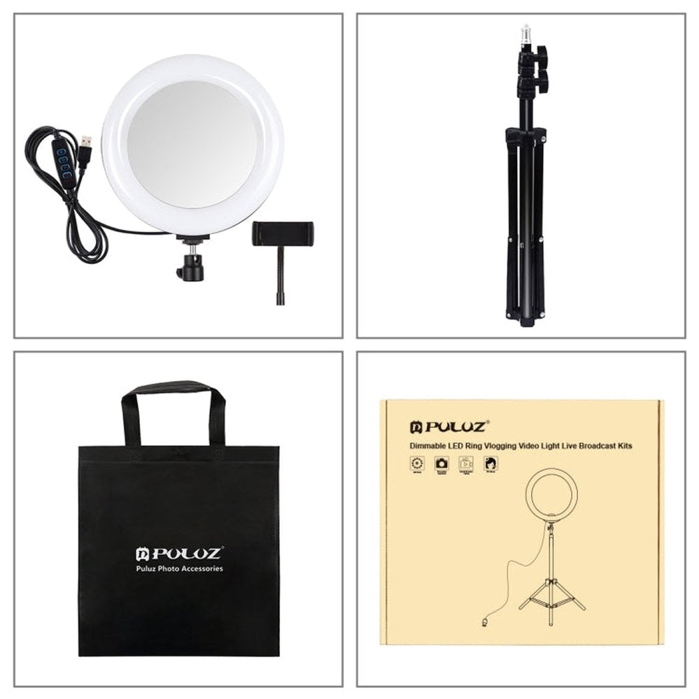 PULUZ 7.9 inch 20cm Mirror Light+ 1.1m Tripod Mount USB 3 Modes Dimmable Dual Color Temperature LED Curved Light Ring Vlogging Selfie Photography Video Lights with Mirror & Phone Clamp, 7.9 inch Mirror Light + 1.1m Mount - laboratorydeal