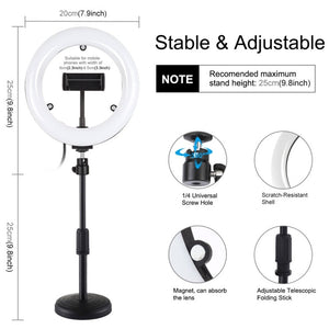 PULUZ 7.9 inch 20cm Mirror Light + Round Base Desktop Mount 3 Modes Dimmable Dual Color Temperature LED Curved Light Ring Vlogging Selfie Photography Video Lights with Phone Clamp, 7.9 inch+Desktop Mount+Mirror - laboratorydeal