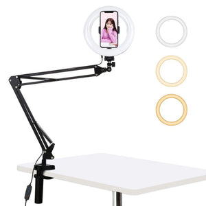PULUZ 7.9 inch 20cm Ring Curved Light + Desktop Arm Stand USB 3 Modes Dimmable Dual Color Temperature LED Vlogging Selfie Photography Video Lights with Phone Clamp, 7.9 inch+Arm Stand - laboratorydeal