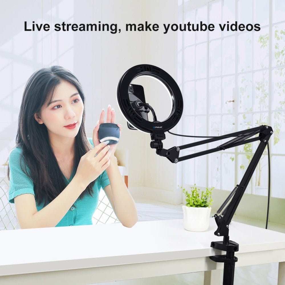 PULUZ 7.9 inch 20cm Ring Curved Light + Desktop Arm Stand USB 3 Modes Dimmable Dual Color Temperature LED Vlogging Selfie Photography Video Lights with Phone Clamp, 7.9 inch+Arm Stand - laboratorydeal