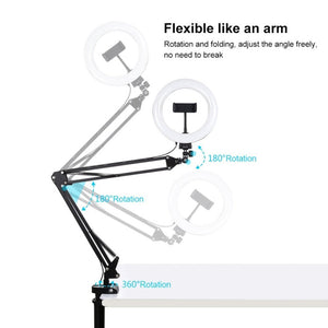 PULUZ 7.9 inch 20cm Ring Curved Light + Desktop Arm Stand USB 3 Modes Dimmable Dual Color Temperature LED Vlogging Selfie Photography Video Lights with Phone Clamp, 7.9 inch+Arm Stand - laboratorydeal