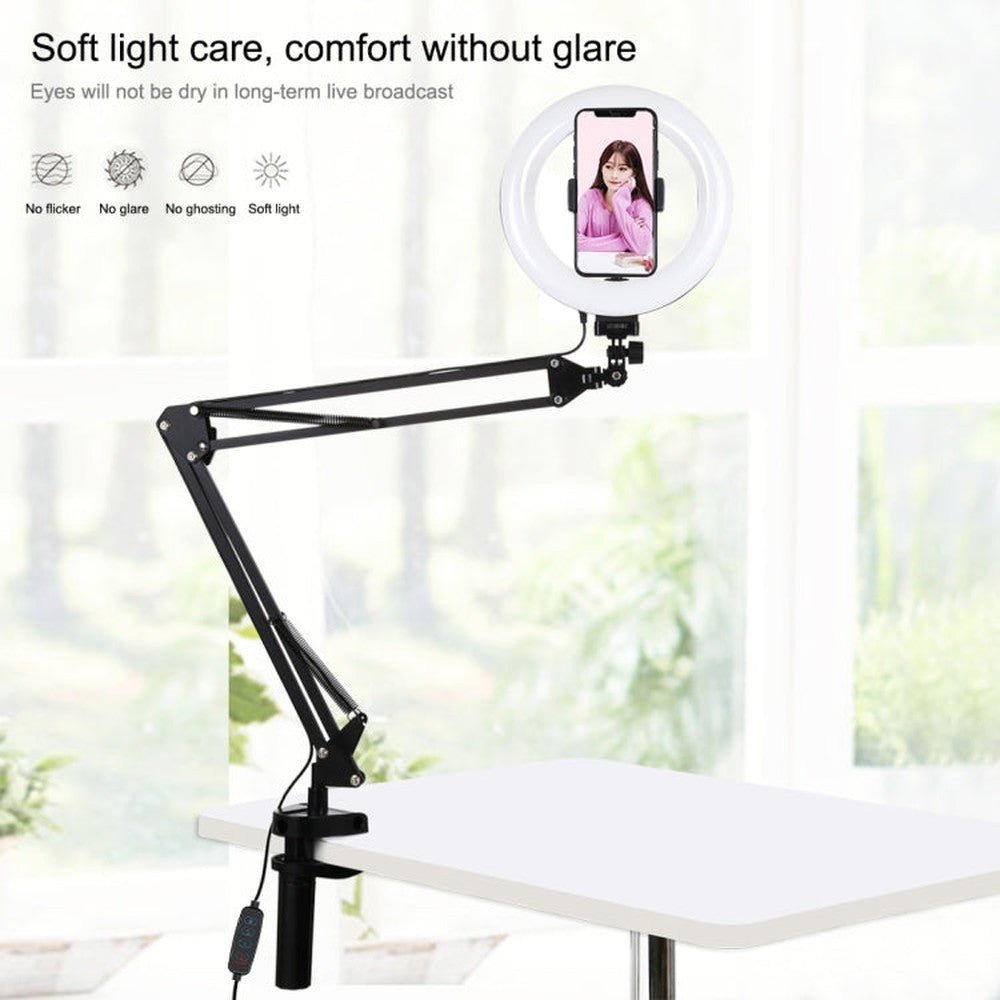 PULUZ 7.9 inch 20cm Ring Curved Light + Desktop Arm Stand USB 3 Modes Dimmable Dual Color Temperature LED Vlogging Selfie Photography Video Lights with Phone Clamp, 7.9 inch+Arm Stand - laboratorydeal