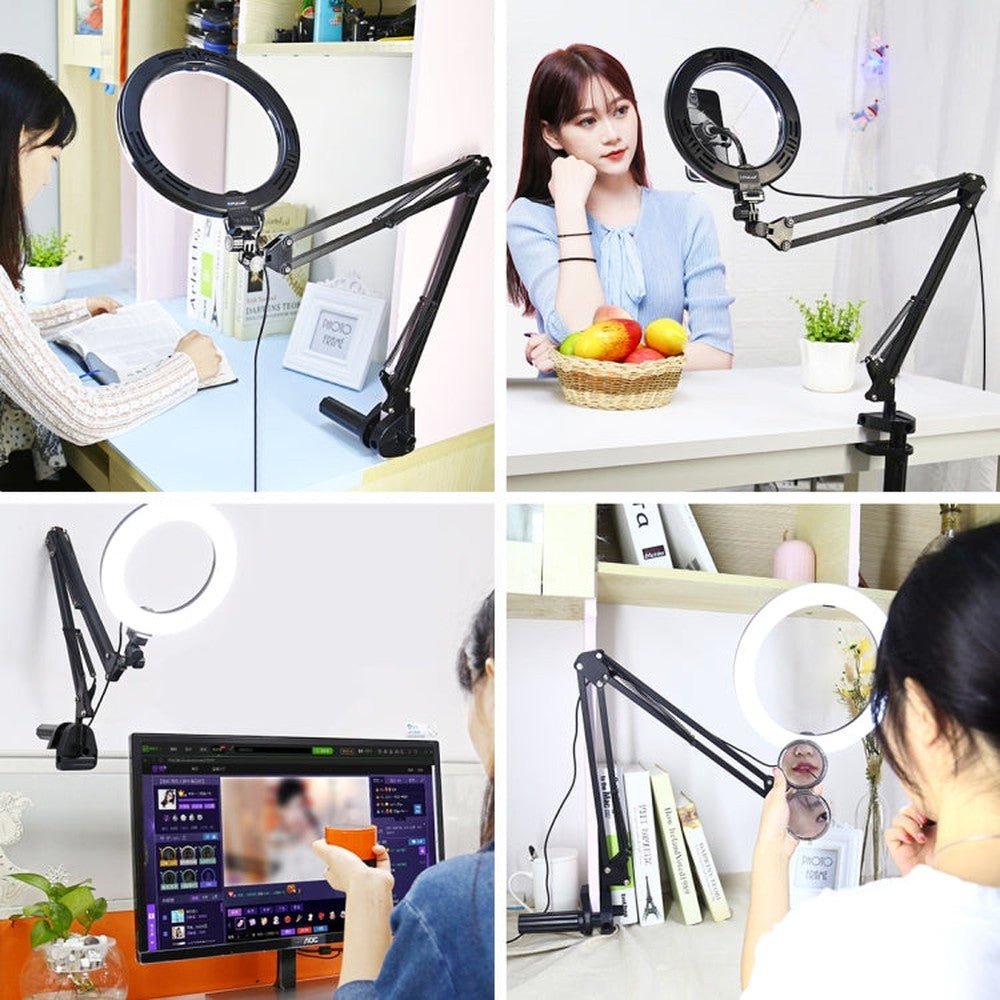 PULUZ 7.9 inch 20cm Ring Curved Light + Desktop Arm Stand USB 3 Modes Dimmable Dual Color Temperature LED Vlogging Selfie Photography Video Lights with Phone Clamp, 7.9 inch+Arm Stand - laboratorydeal