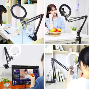 PULUZ 7.9 inch 20cm Ring Curved Light + Desktop Arm Stand USB 3 Modes Dimmable Dual Color Temperature LED Vlogging Selfie Photography Video Lights with Phone Clamp, 7.9 inch+Arm Stand - laboratorydeal