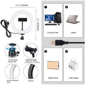 PULUZ 7.9 inch 20cm USB 3 Modes Dimmable Dual Color Temperature LED Curved Light Ring Vlogging Selfie Photography Video Lights with Phone Clamp, 7.9 inch - laboratorydeal
