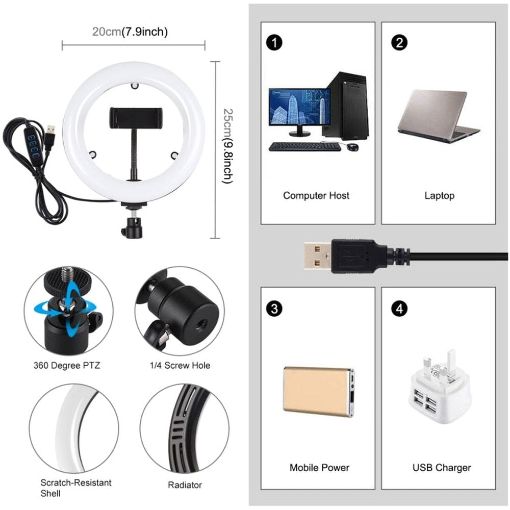 PULUZ 7.9 inch 20cm USB 3 Modes Dimmable Dual Color Temperature LED Curved Light Ring Vlogging Selfie Photography Video Lights with Mirror, 7.9 inch with mirror - laboratorydeal